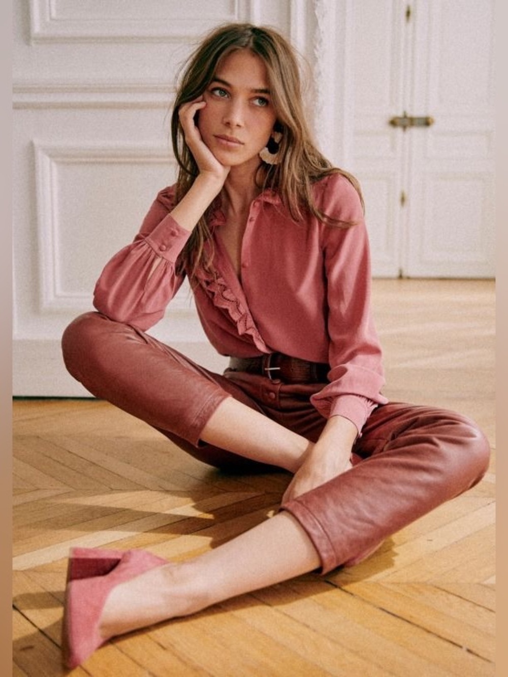 NEW Sezane Chlo Silk Ruffle Blouse Rosewood size 40 - Picture 4 of 11